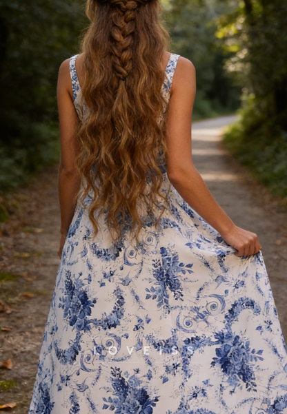 Square Straps Floral Printed A-Line Prom Dress