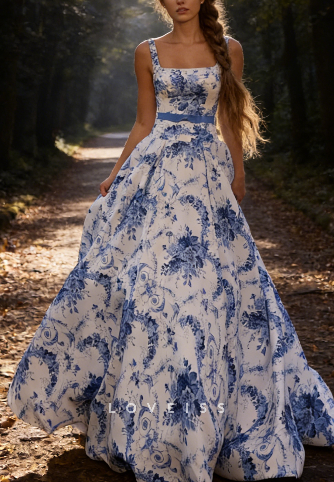 Square Straps Floral Printed A-Line Prom Dress