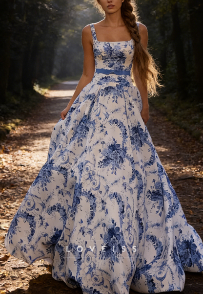 Square Straps Floral Printed A-Line Prom Dress