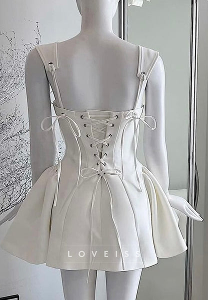 Square Straps Lace-Up Pleated A-Line Party Homecoming Dress
