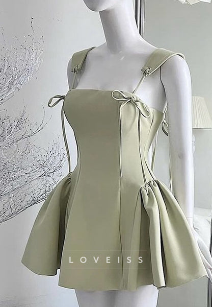 Square Straps Lace-Up Pleated A-Line Party Homecoming Dress