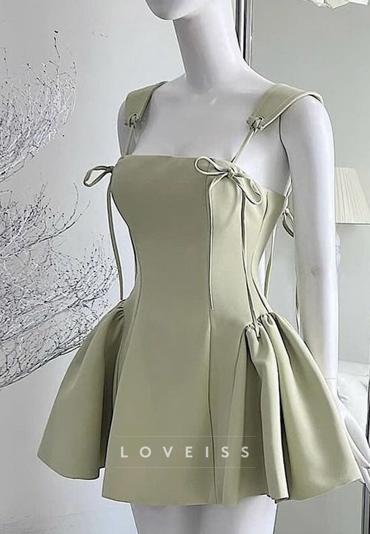 Square Straps Lace-Up Pleated A-Line Party Homecoming Dress