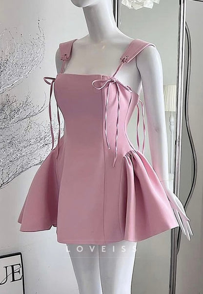 Square Straps Lace-Up Pleated A-Line Party Homecoming Dress