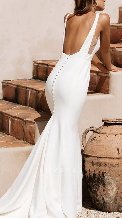 Square Straps Mermaid Simple Beach Wedding Dress