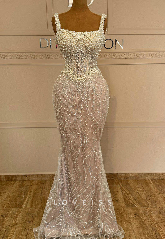 Square Straps Pearl Beaded Embroidery Mermaid Evening Dress