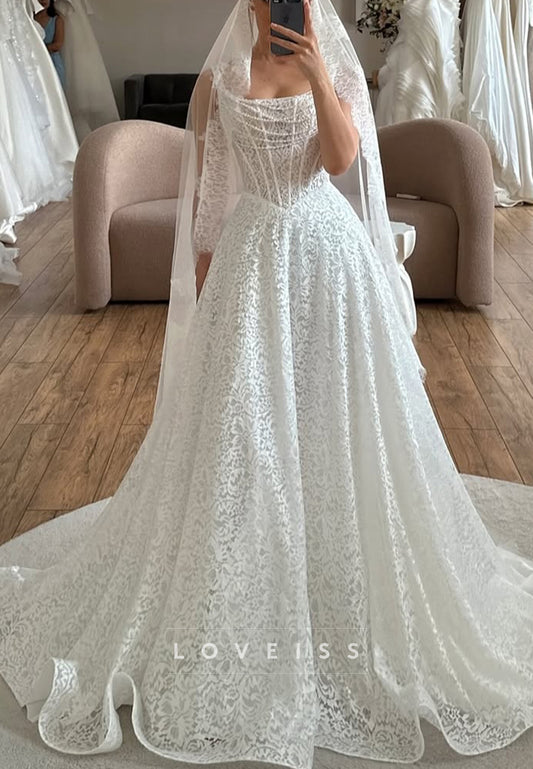 Square Straps Pearl Lace Appliques A-Line Wedding Dress