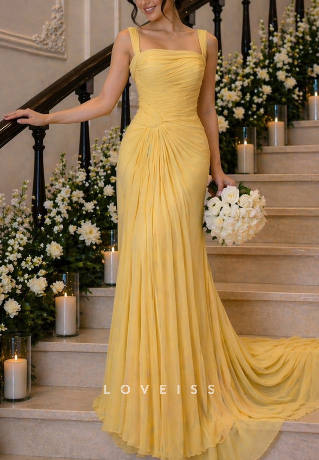 Square Straps Pleated A-Line Evening Dress