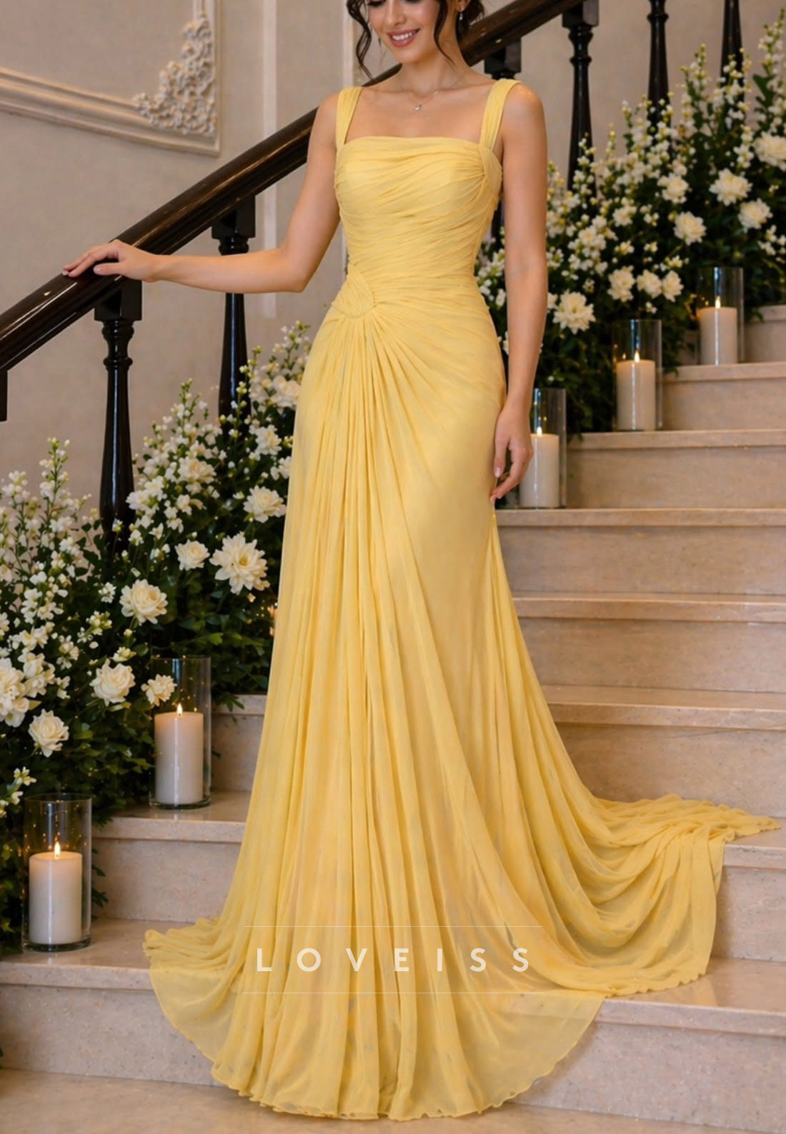 Square Straps Pleated A-Line Evening Dress