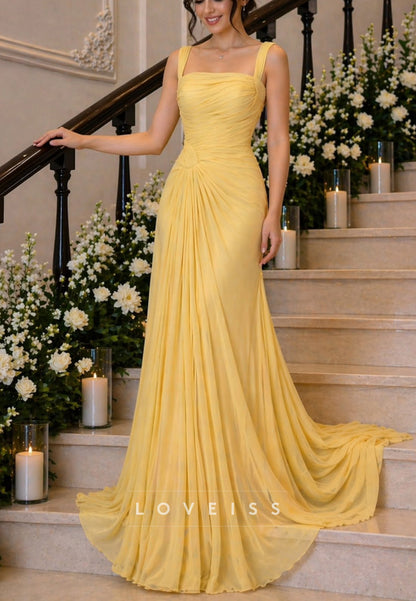 Square Straps Pleated A-Line Evening Dress
