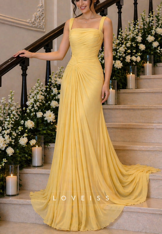 Square Straps Pleated A-Line Evening Dress