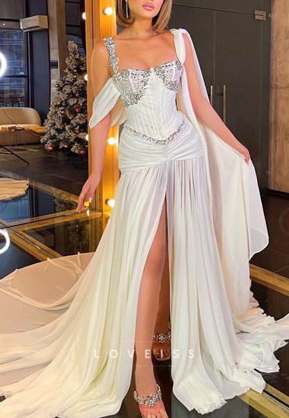 Square Straps Pleated Beaded A-Line Wedding Dress