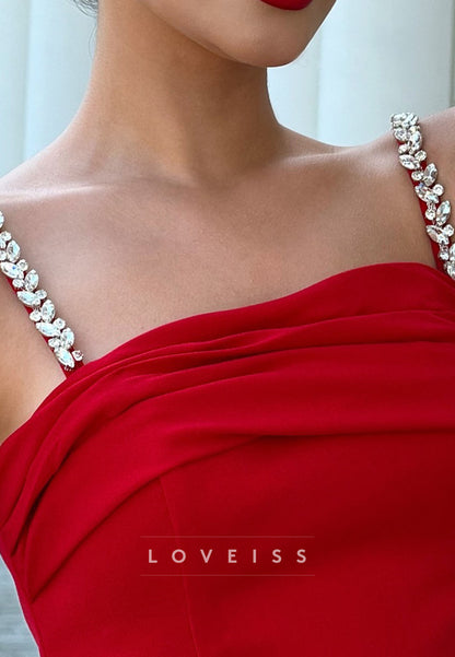 Square Straps Pleated Beaded Side Slit Sheath Prom Dress