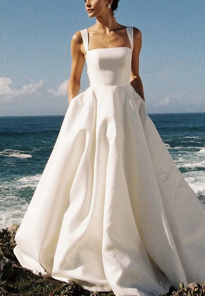 Square Straps Pleated Empire Waist A-Line Wedding Dress