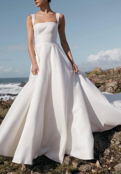 Square Straps Pleated Empire Waist A-Line Wedding Dress