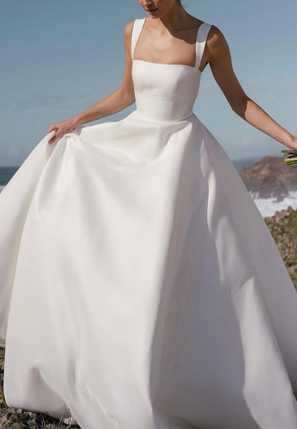 Square Straps Pleated Empire Waist A-Line Wedding Dress