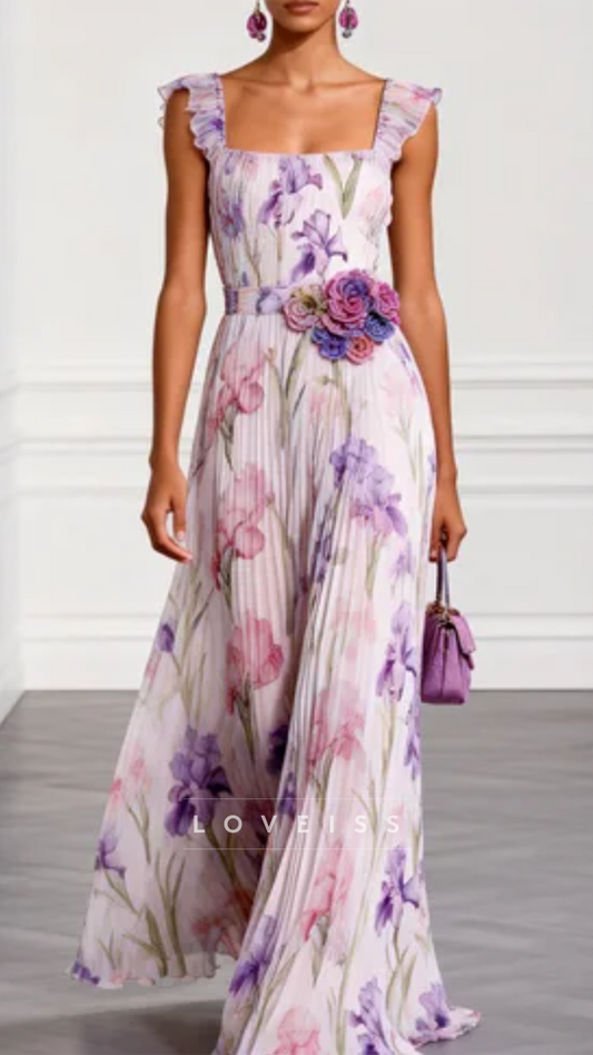 Square Straps Pleated Floral Printed A-Line Weddingg Guest Dress