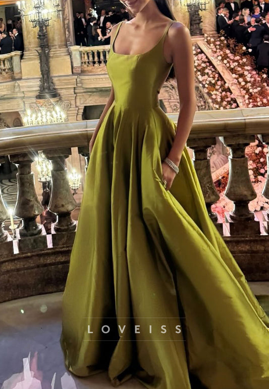Square Straps Pleated Satin A-Line Evening Dress