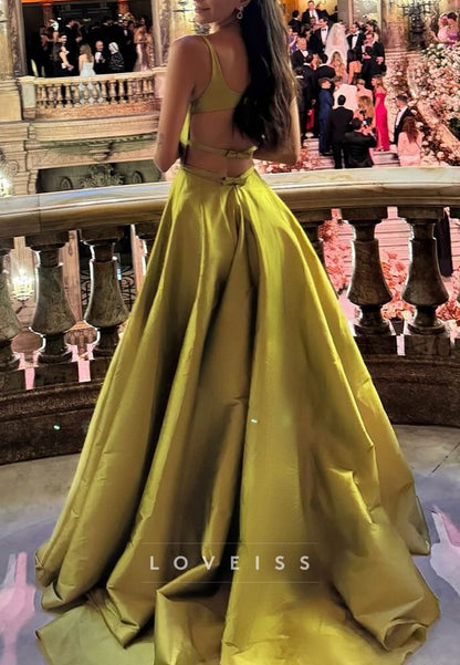 Square Straps Pleated Satin A-Line Evening Dress
