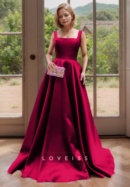 Square Straps Pleated Satin A-Line Red Mother of Bride Dress