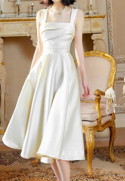 Square Straps Pleated Sleek Midi A-Line Wedding Dress