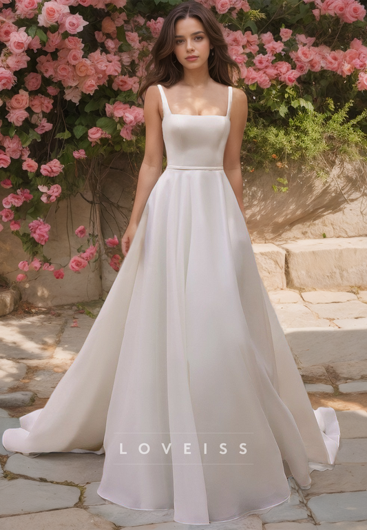 Square Straps Pleated Sleek Satin A-Line Wedding Dress