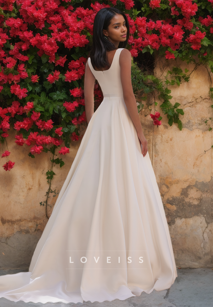 Square Straps Pleated Sleek Satin A-Line Wedding Dress