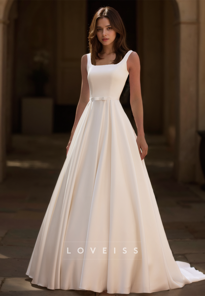 Square Straps Pleated Sleek Satin A-Line Wedding Dress