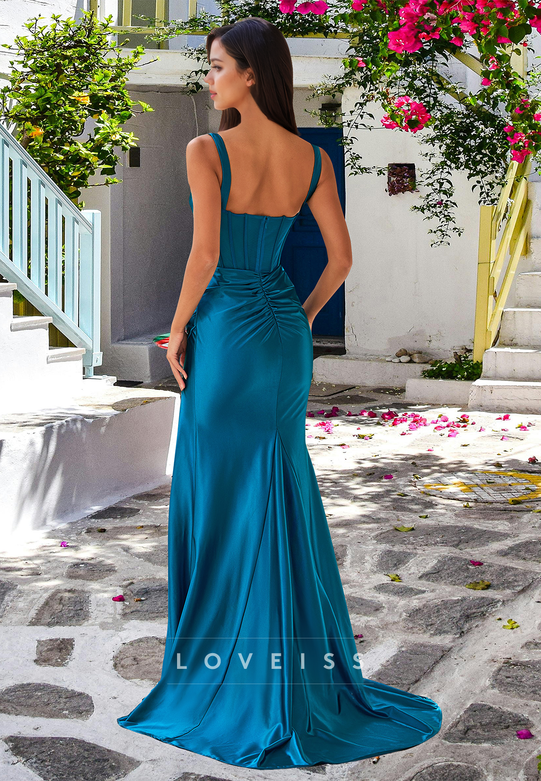 Square Straps Pleated Sleek Side Slit Sheath Prom Dress