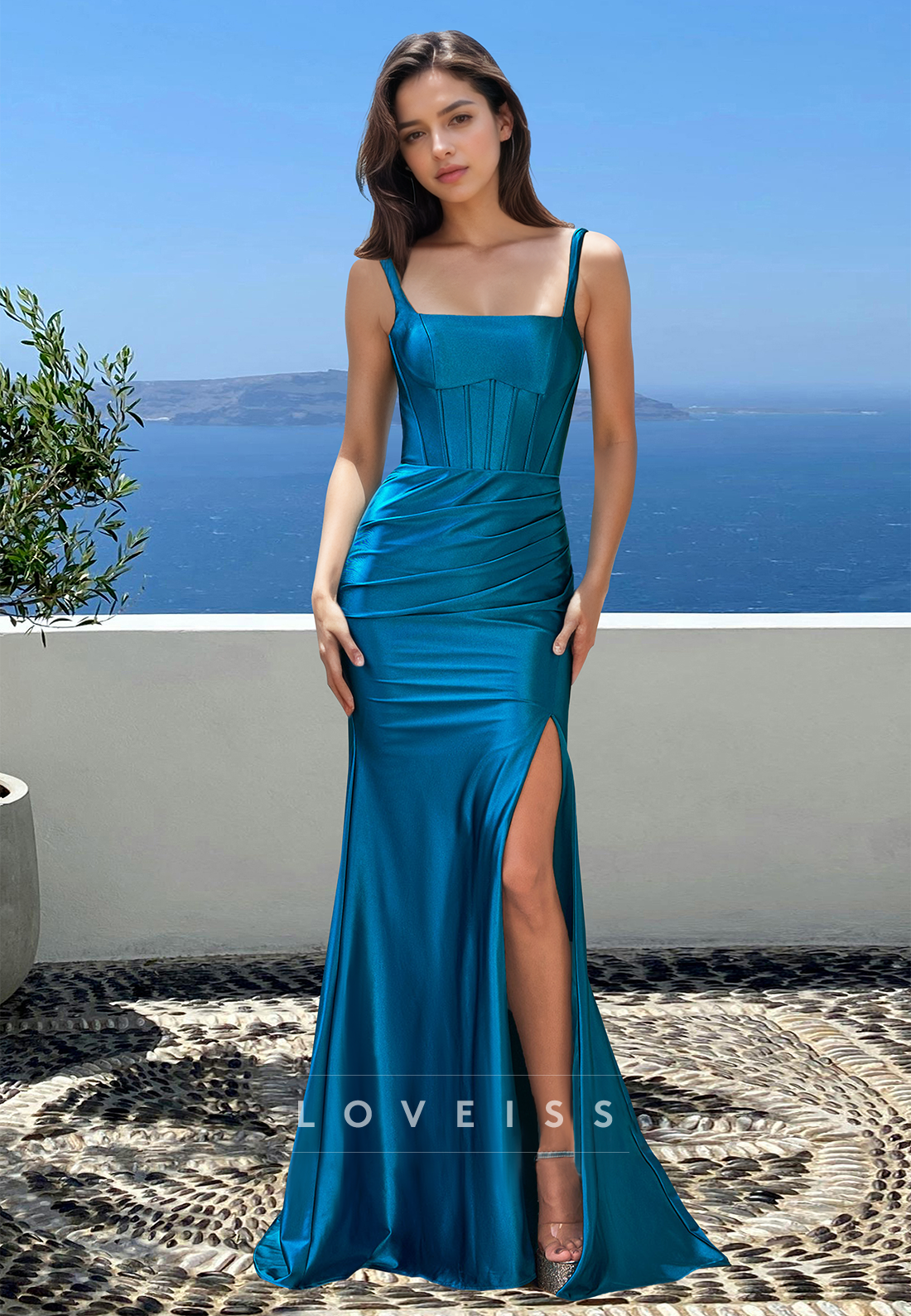 Square Straps Pleated Sleek Side Slit Sheath Prom Dress