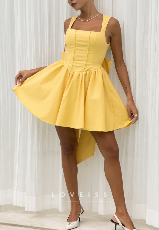 Square Straps Pleated Bowknot A-Line Party Homecoming Dress