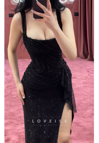 Square Straps Ruched Sparkly Sheath Prom Dress