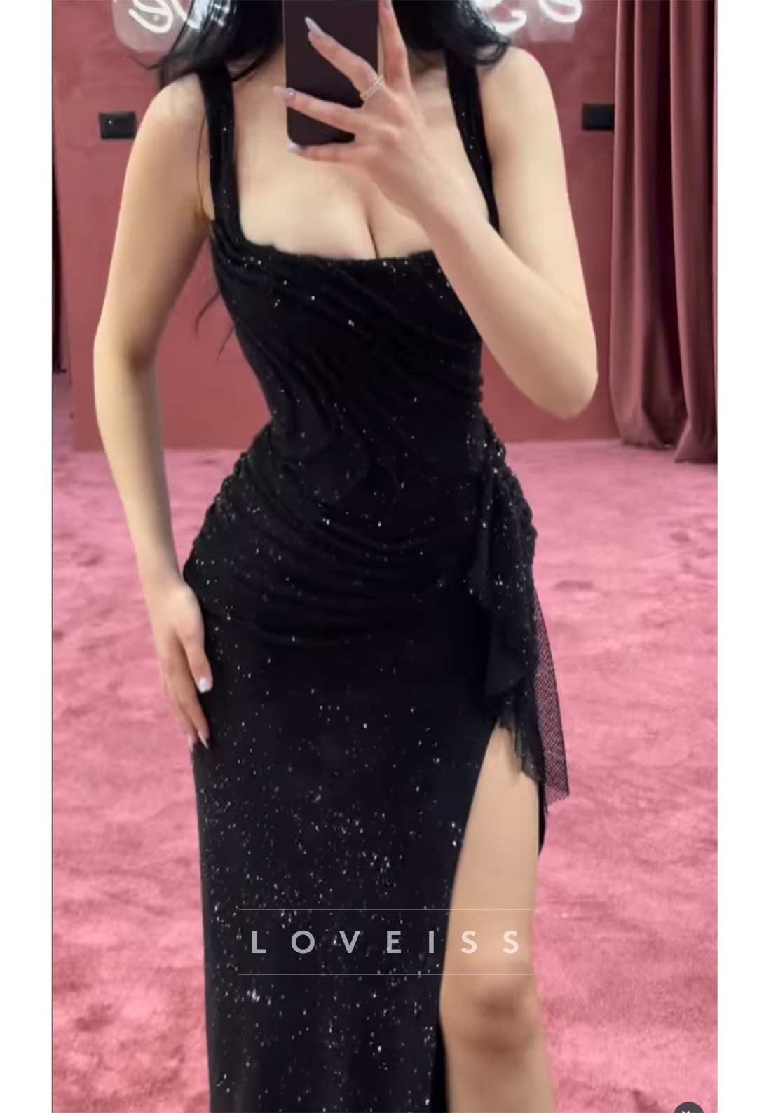 Square Straps Ruched Sparkly Sheath Prom Dress