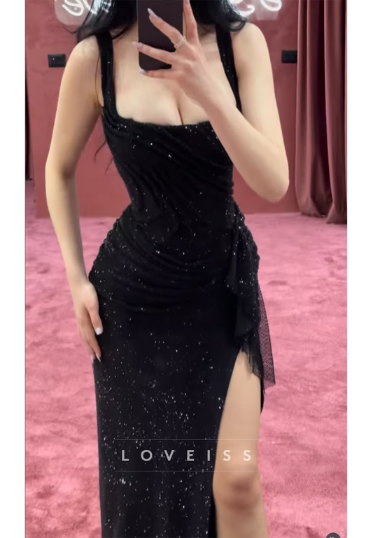 Square Straps Ruched Sparkly Sheath Prom Dress