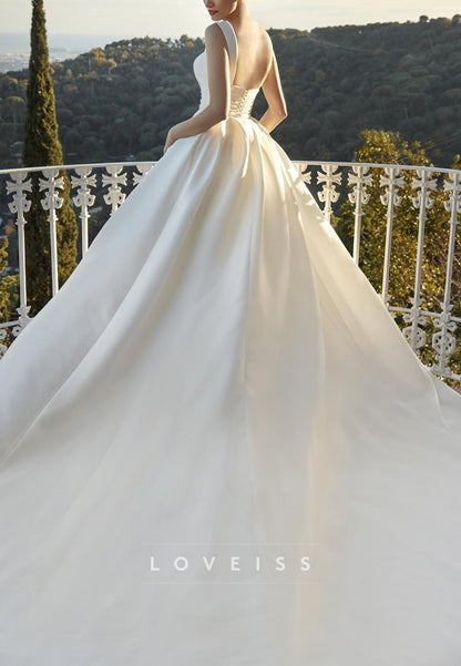 Square Straps Satin A-Line Simple Wedding Dress