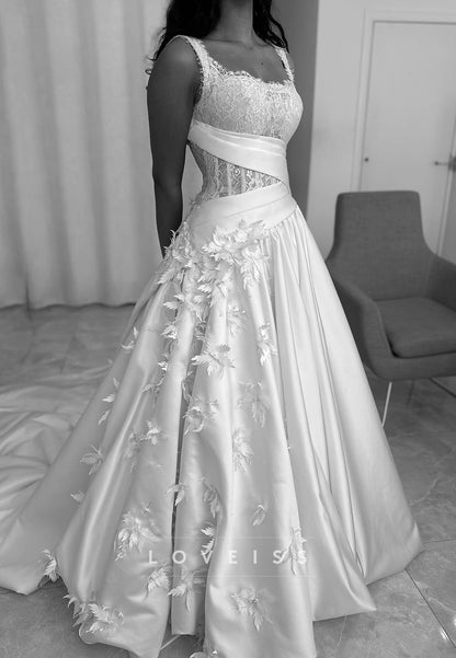 Square Straps Satin Appliques A-Line Wedding Dress