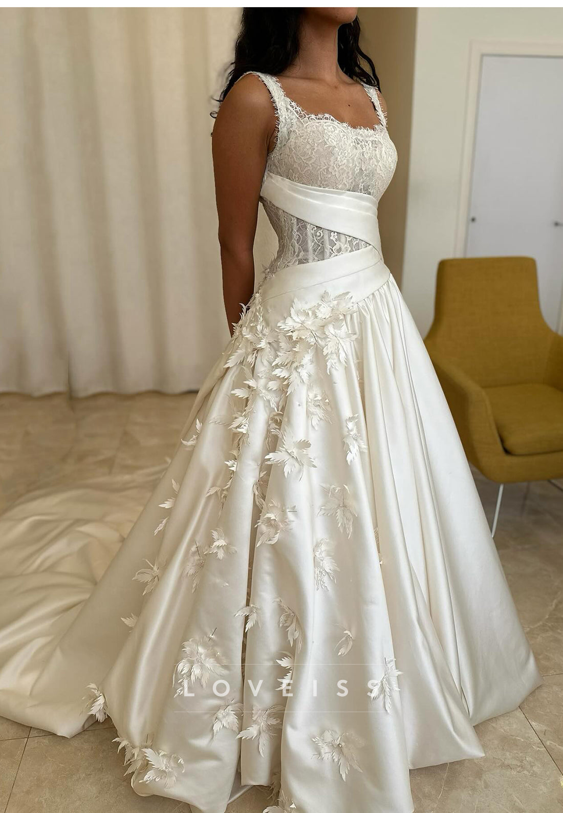 Square Straps Satin Appliques A-Line Wedding Dress