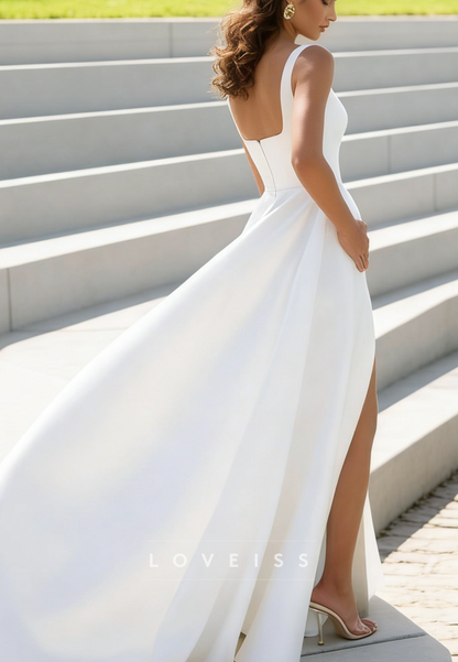 Square Straps Side Slit Mikado Satin A-Line Wedding Dress