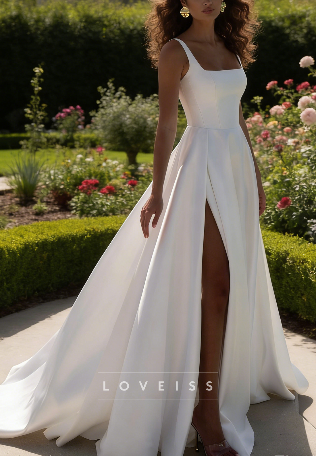 Square Straps Side Slit Mikado Satin A-Line Wedding Dress
