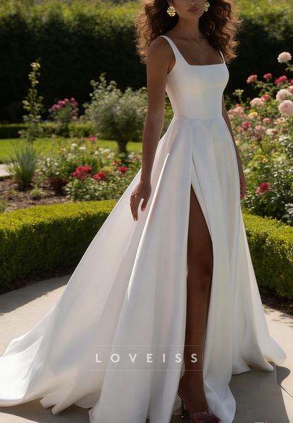 Square Straps Side Slit Mikado Satin A-Line Wedding Dress