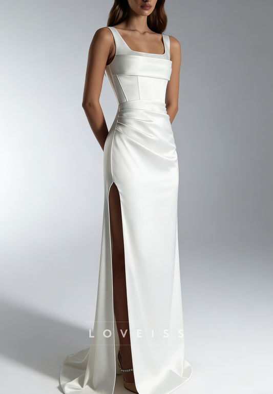 Square Straps Side Slit Sheath Wedding Dress