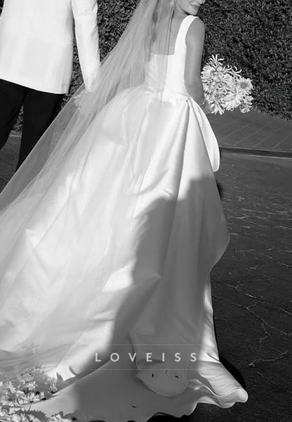 Square Straps Sleek Detachable Train Sheath Wedding Dress
