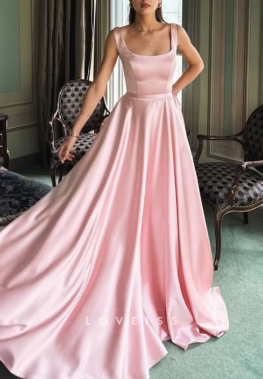 Square Straps Sleek Pleated A-Line Simple Prom Dress