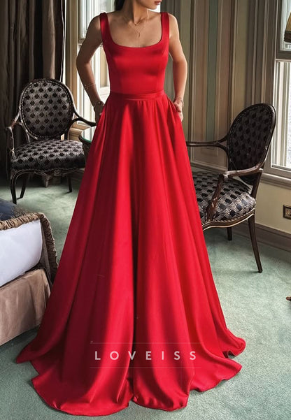 Square Straps Sleek Pleated A-Line Simple Prom Dress
