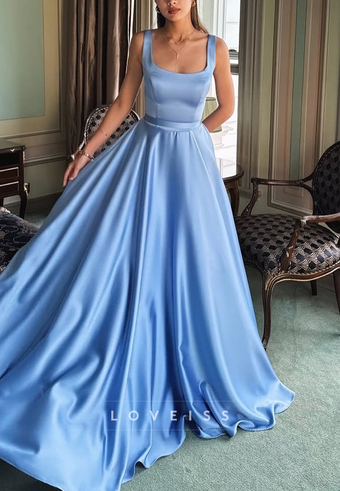 Square Straps Sleek Pleated A-Line Simple Prom Dress