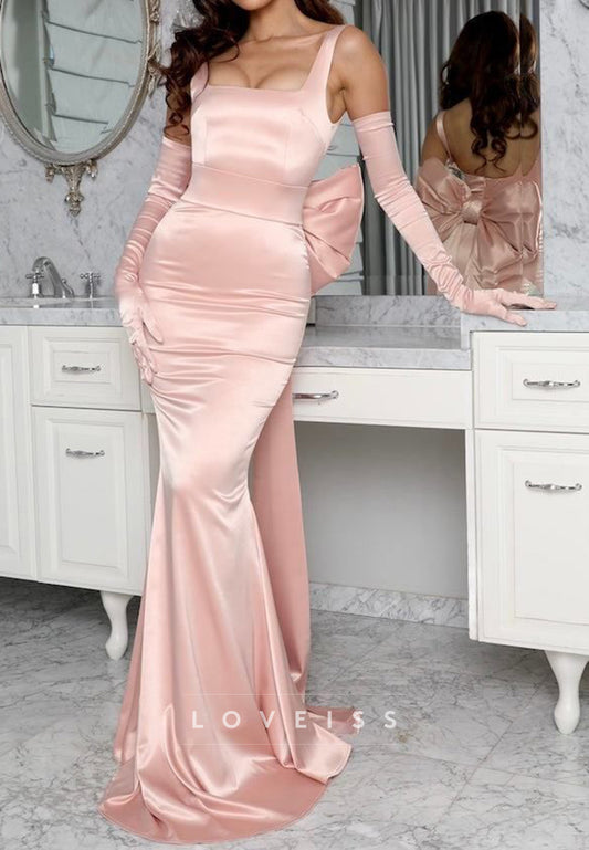 Square Straps Sleeveless Evening Dress Sleek Bowknot Mermaid Prom Dress