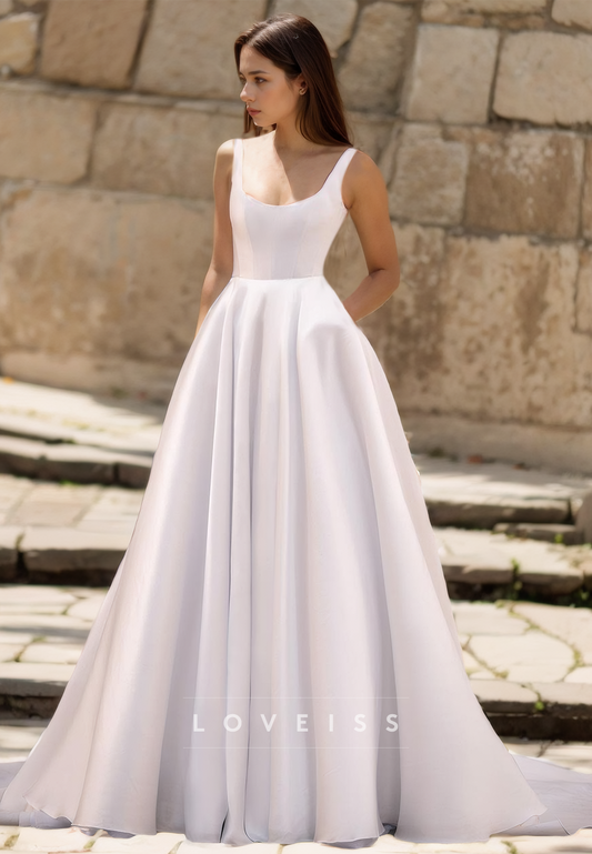 Square Straps Sleeveless Pleated Satin A-Line Simple Wedding Dress