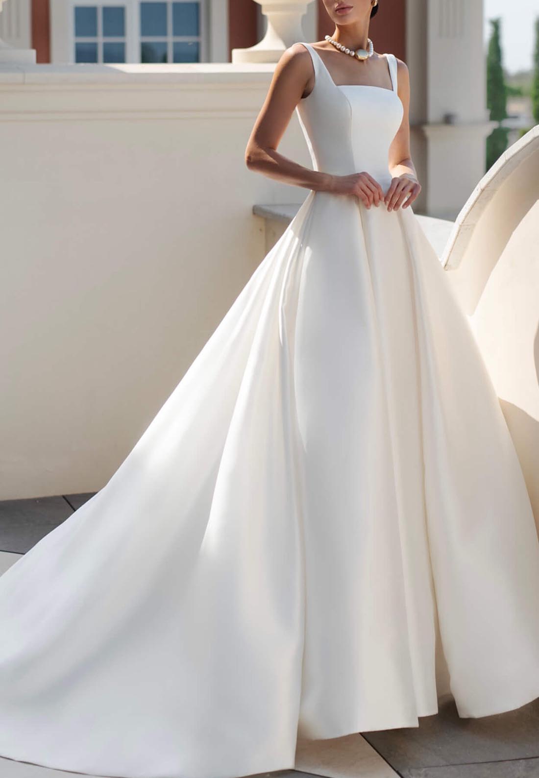 Square Straps Sleeveless Pleated Simple A-Line Wedding Dress