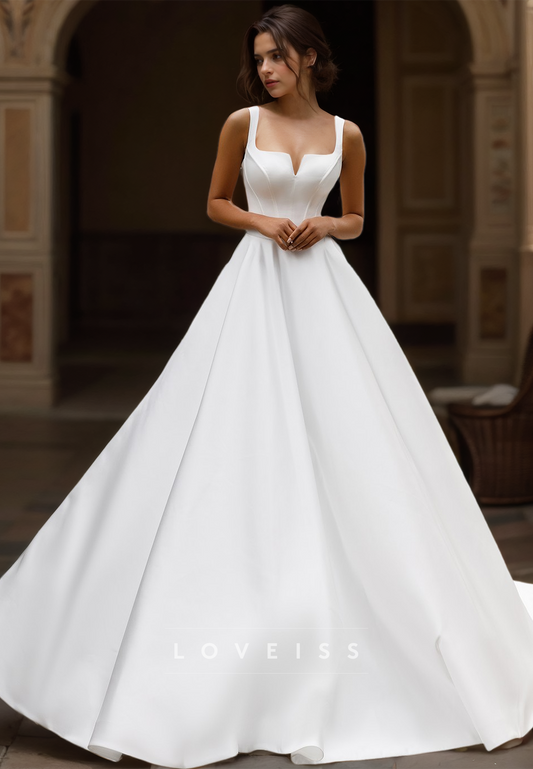 Square Straps Sleeveless Sleek Pleated Satin A-Line Wedding Dress