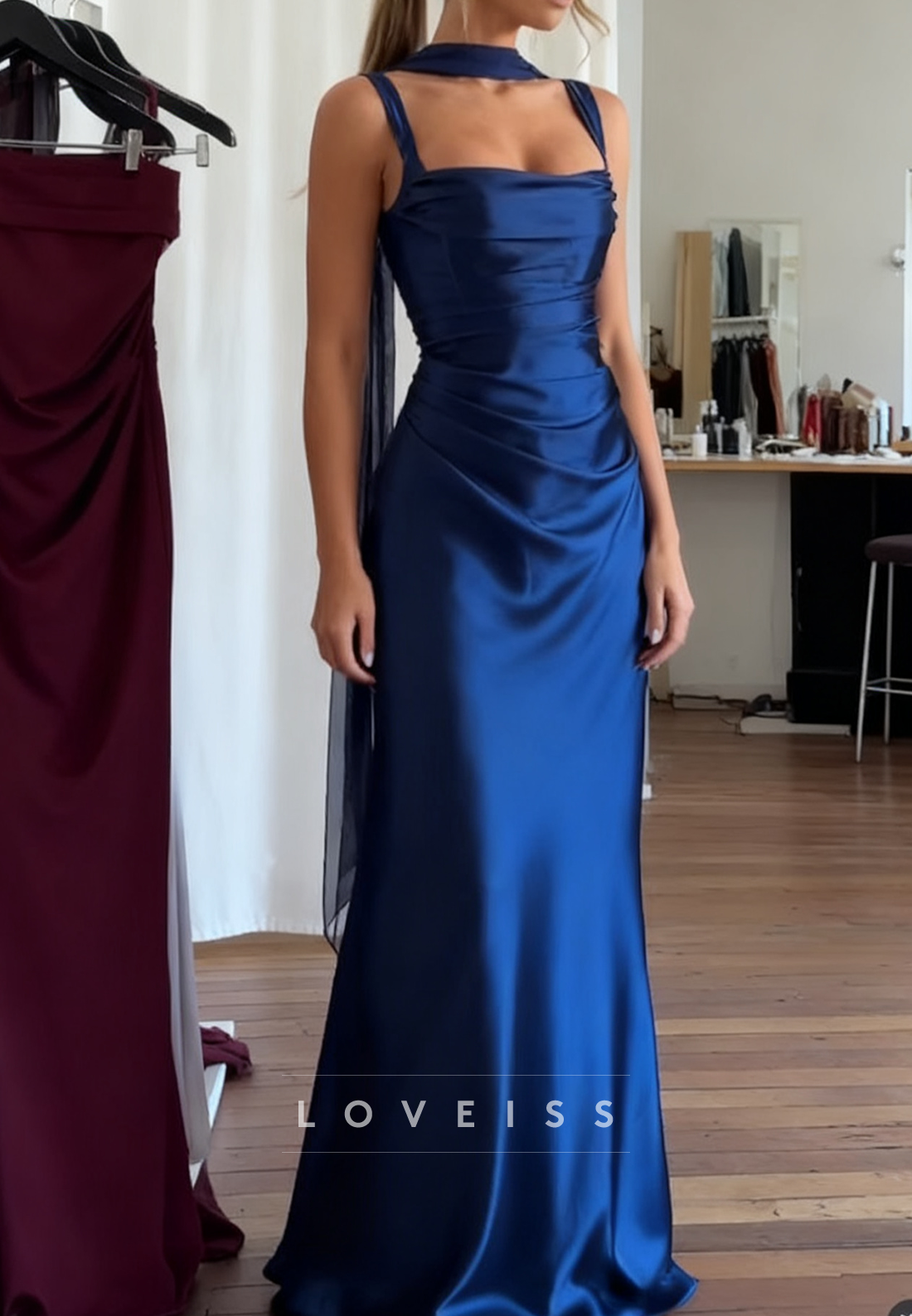 Square Straps Sleeveless Sleek Sheath Simple Prom Dress