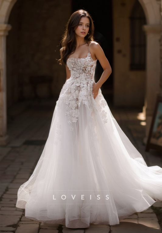 Square Straps Sleveless Floral Embellished Tulle A-Line Wedding Dress